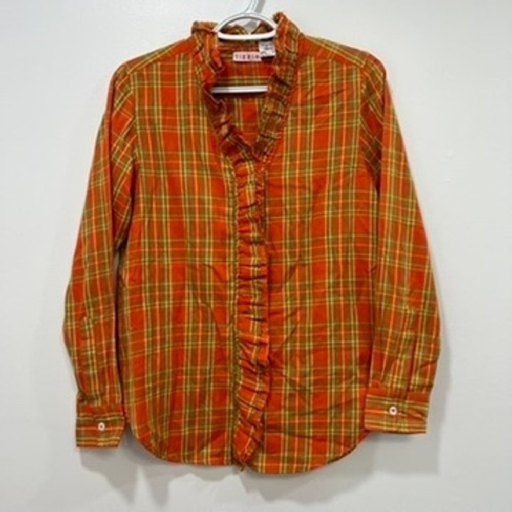 Tizzie Womens Shirt Small Orange Plaid‎ Button Front Ruffle Cotton Long Sleeve